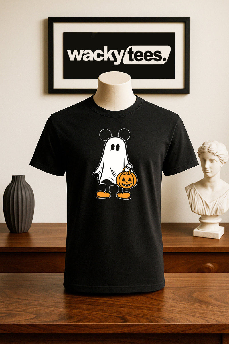 Cute Halloween Male Ghost with Pumpkin Trick Or Treating Graphic Tee Shirt